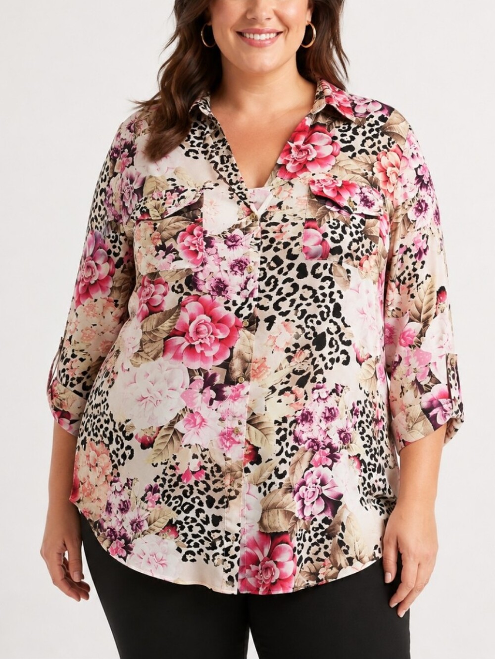 Dressbarn 2X Floral Leopard Print Button Up Front Tunic Blouse Roll-Tab Sleeves